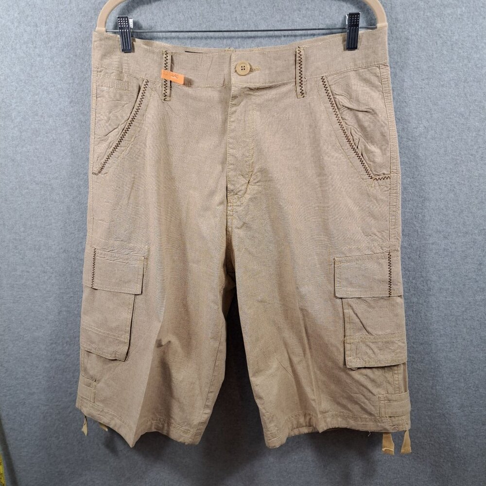 Knockout Jeans Cargo Shorts Mens 34 100% Cotton Beige‎ Button Pocket Drawstring